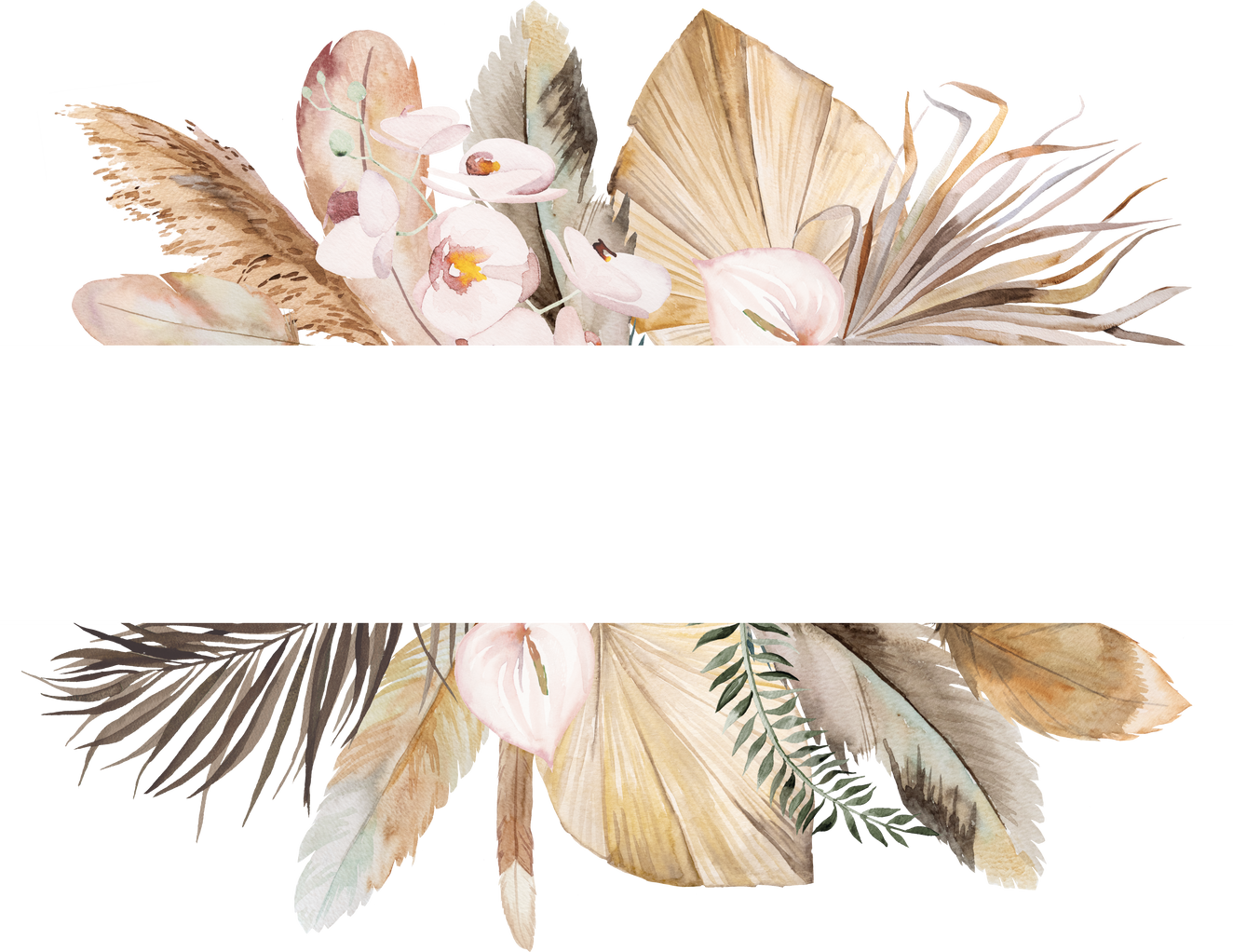 Watercolor  Frame with Feathers, Dried Leaves and Tropical Flowers Illustration